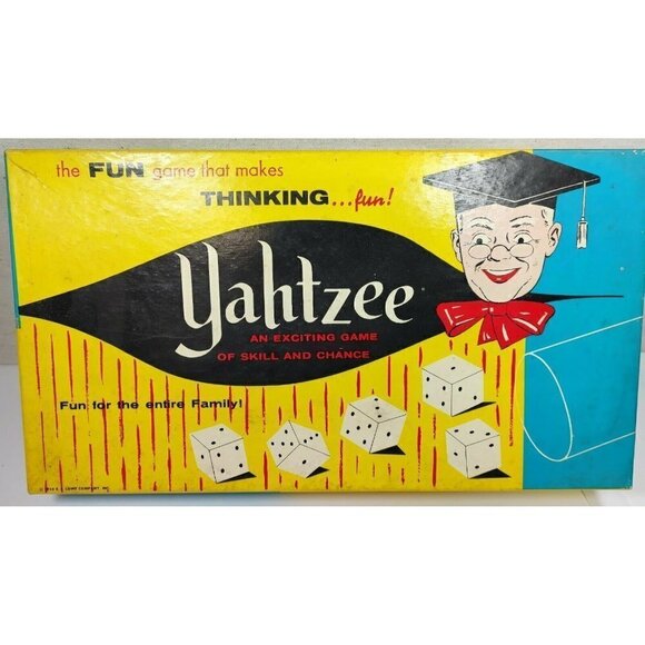 Vintage 1956 E.S. Lowe Company Yahtzee Score Cards Chips Dice Game - Picture 1 of 11